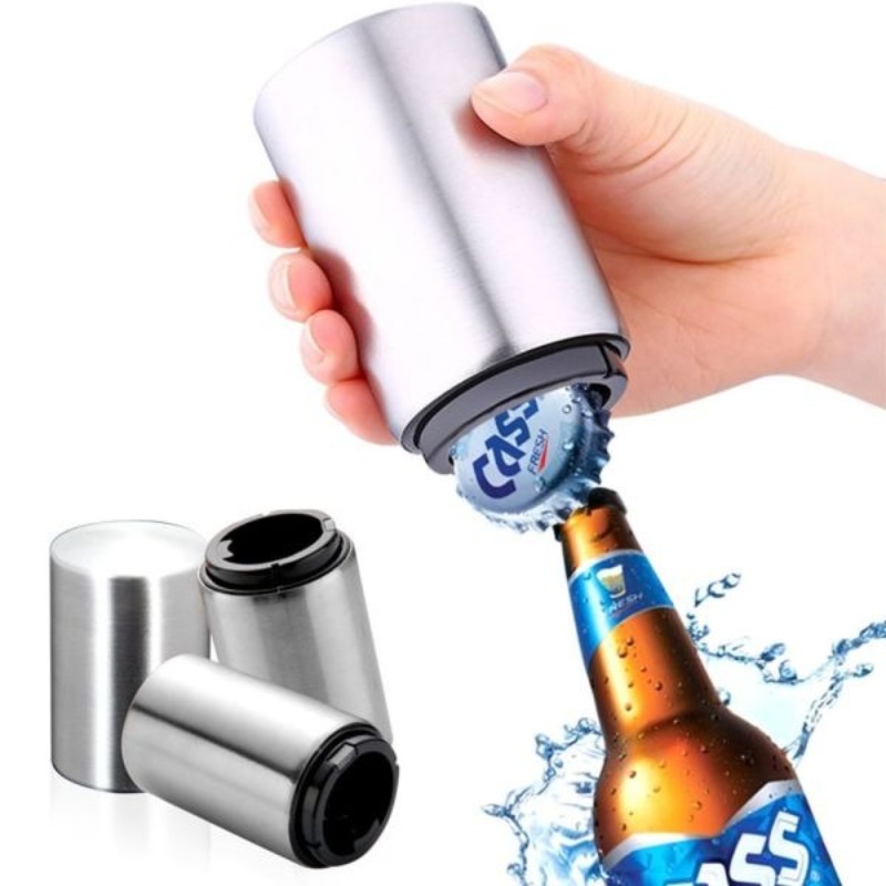 Wine Beer Glass - ステンレス製自動ビールボトルオープナー、曲がらないプッシュダウンキャップ - ビールやソーダのガラス瓶用の簡単なオープナー、キッチンオープナー