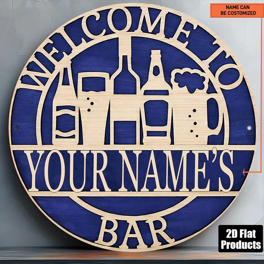 Wine Beer Name - [2Dフラット] 1個 カスタムネーム入り中空カットアウト木製丸棒サイン ワインビールボトルグラス壁飾り (装飾用のみ)