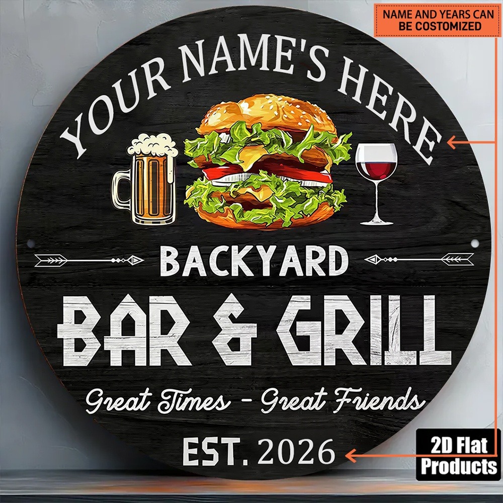 Wine Beer Name - [2Dフラット] 1個入り カスタムネーム ラウンドバックヤードバー＆グリル メタルサイン バーガー