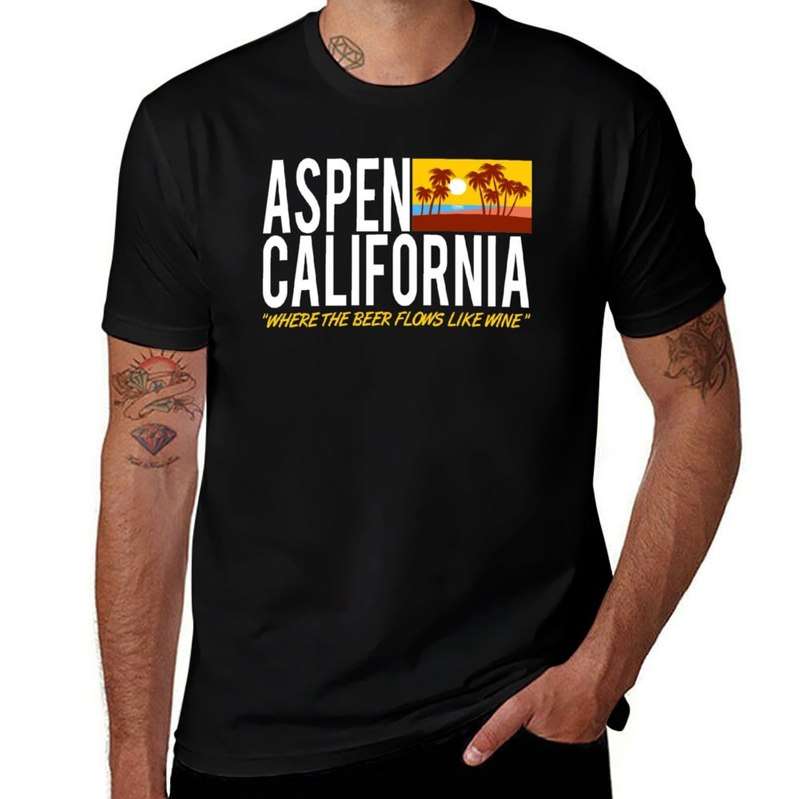 Wine Like Beer - アスペン カリフォルニア - ビールがワインのように流れる場所 Tシャツ ミニマルアートプリント