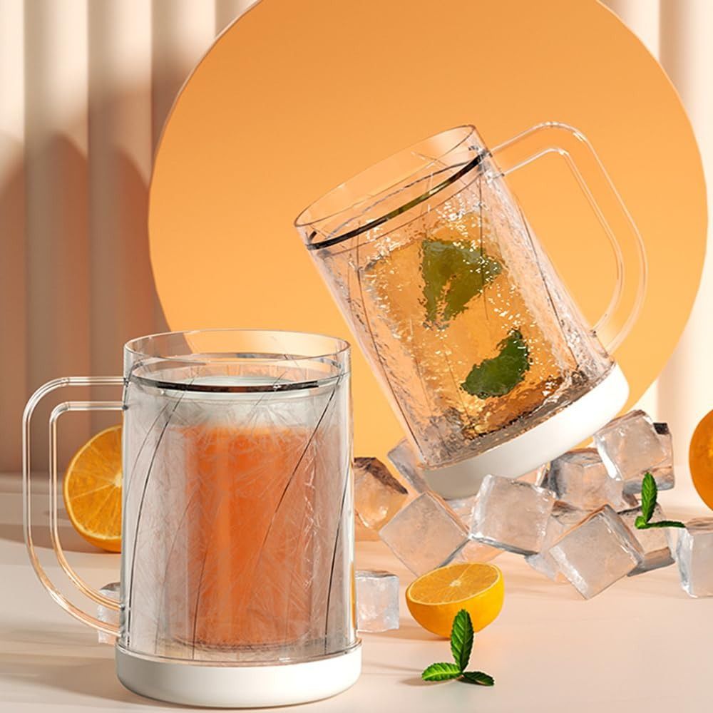 Wine Beer Glass - 持ち手付き液体冷蔵庫冷凍カップ 夏用 PET/PP製アイスビールグラス 二層構造 20オンス 冷凍ビールマグカップ
