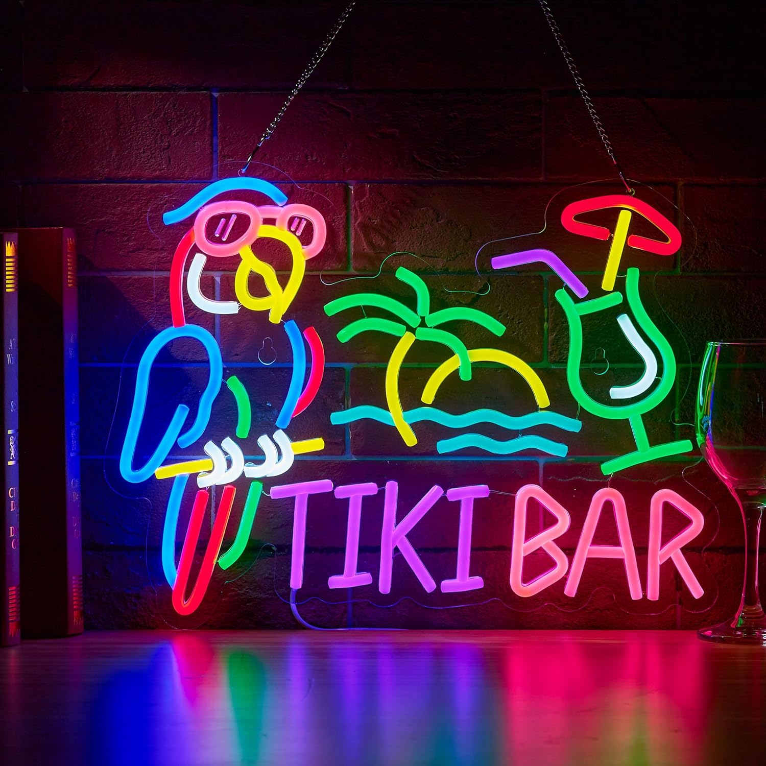 Beer & Wine Jockey Plaza Shopping - ティキバーパロットパームツリーネオンサインビジネスアートウォールライトUSB LEDネオンライトレストランビールクラブパーティーベッドルームデコレーション用